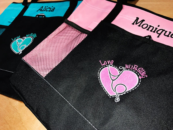 Custom Embroidered "Love Nursing" Zippered Tote